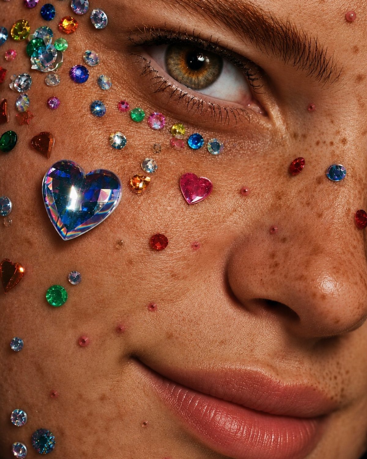 Glitter on Face Ideas: 19 Looks, From Freckles to Skulls 3 Person with freckles wearing colorful face gems including blue and pink heart shapes