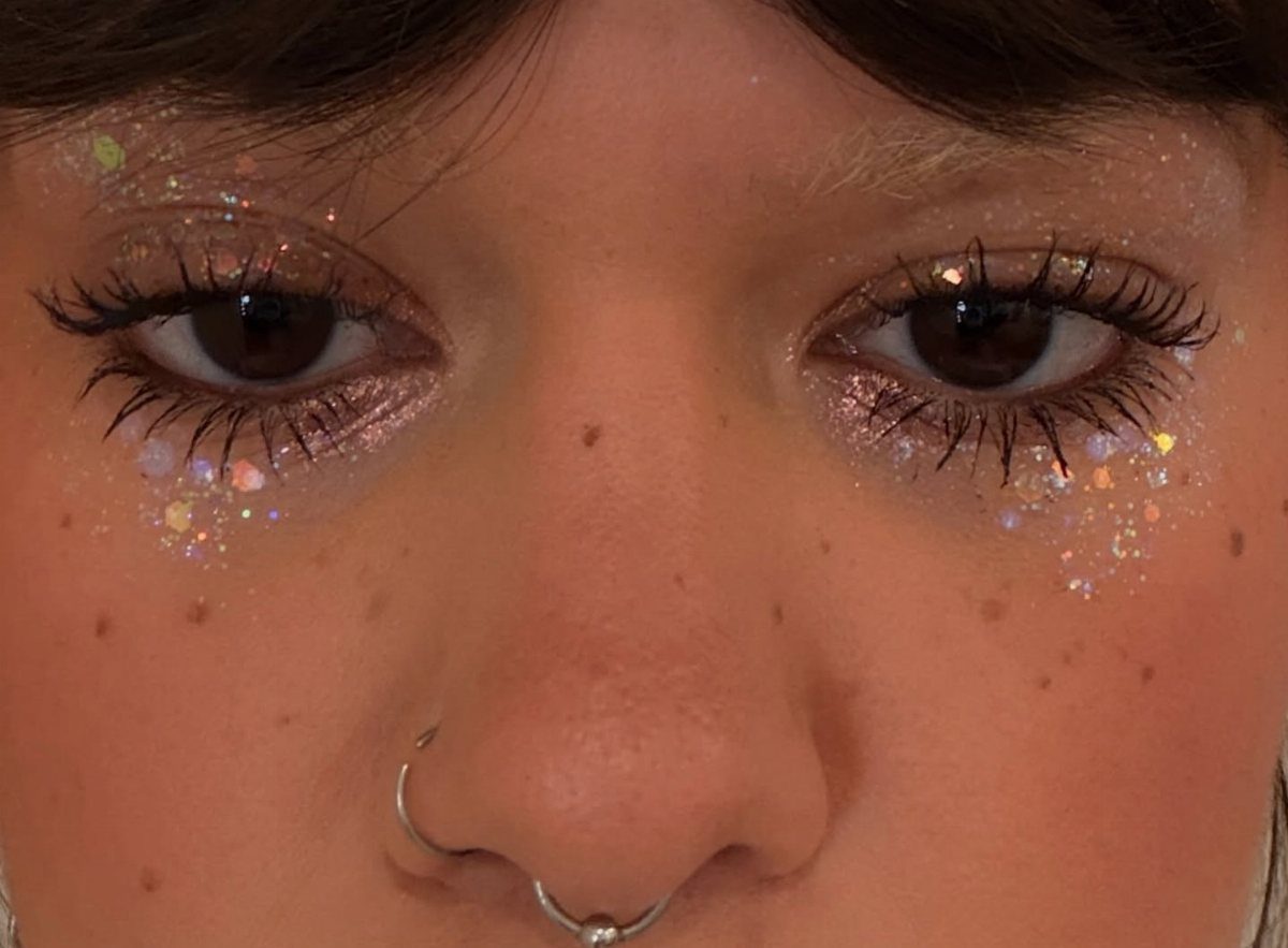 Glitter on Face Ideas: 19 Looks, From Freckles to Skulls 2 Person with multicolored glitter applied under their eyes and on their eyelids.