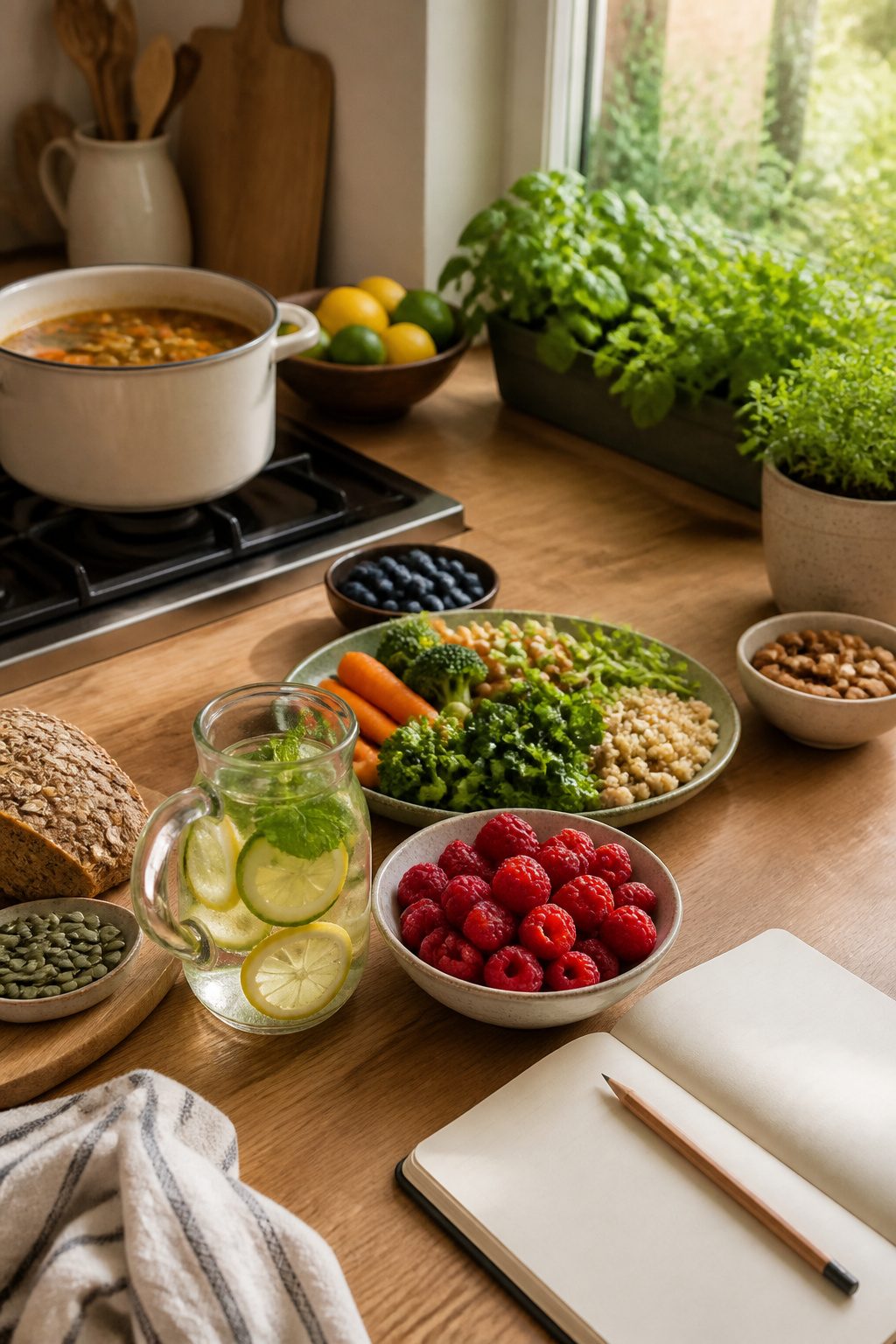 How to Lose Belly Fat: 10 Science-Backed Methods for 2026 4 A table with a bowl of raspberries and a pot of lentil soup.