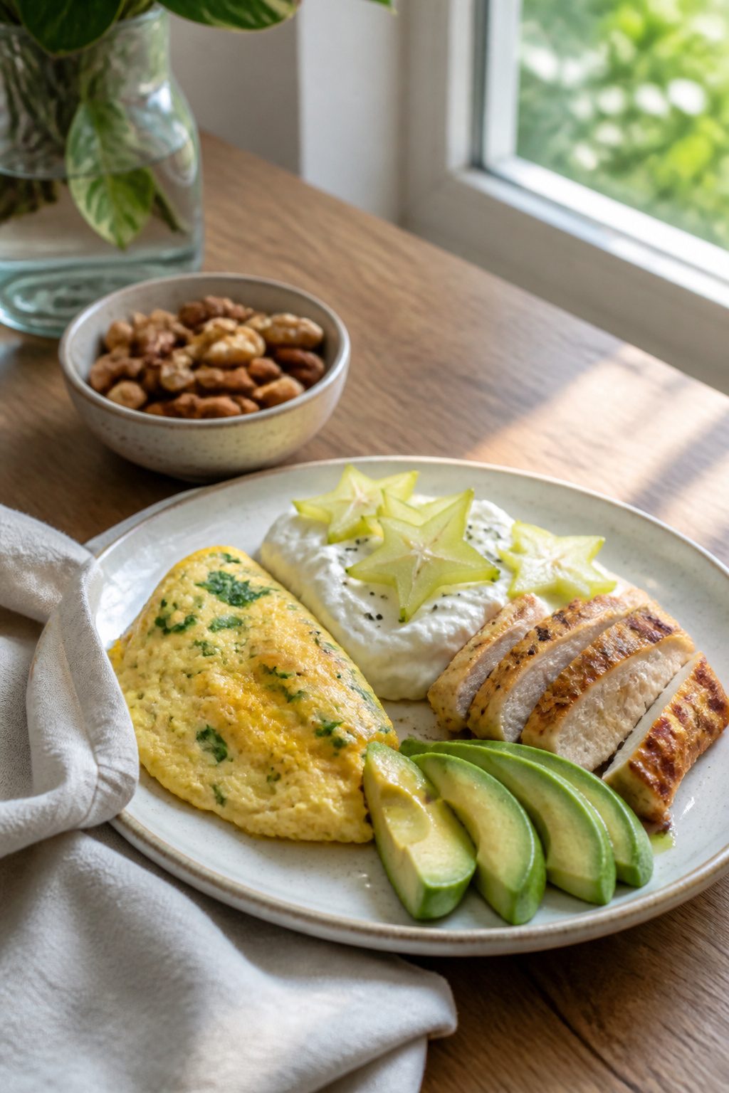 How to Lose Belly Fat: 10 Science-Backed Methods for 2026 3 A colorful breakfast plate with an omelet, yogurt, chicken, and avocado.