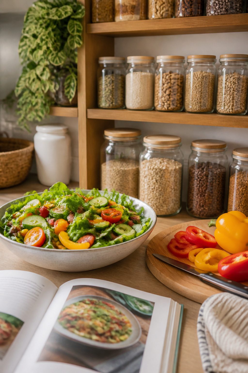How to Lose Belly Fat: 10 Science-Backed Methods for 2026 5 A pantry filled with jars of grains and a vibrant salad bowl.