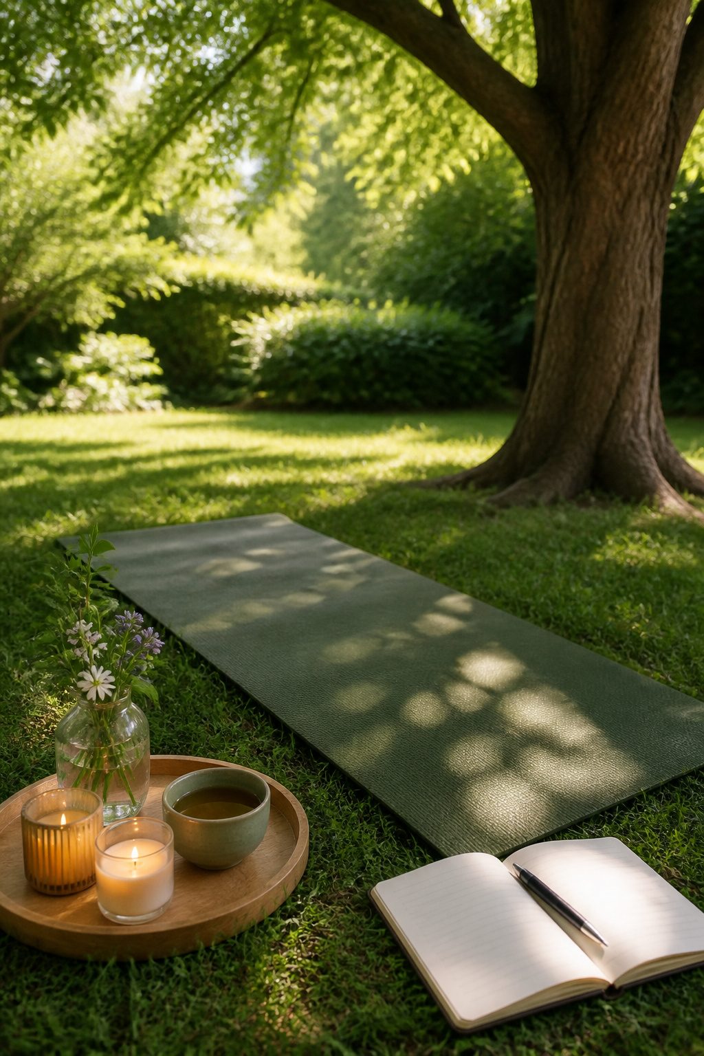 How to Lose Belly Fat: 10 Science-Backed Methods for 2026 8 A yoga mat on grass under a tree with candles and herbal tea.