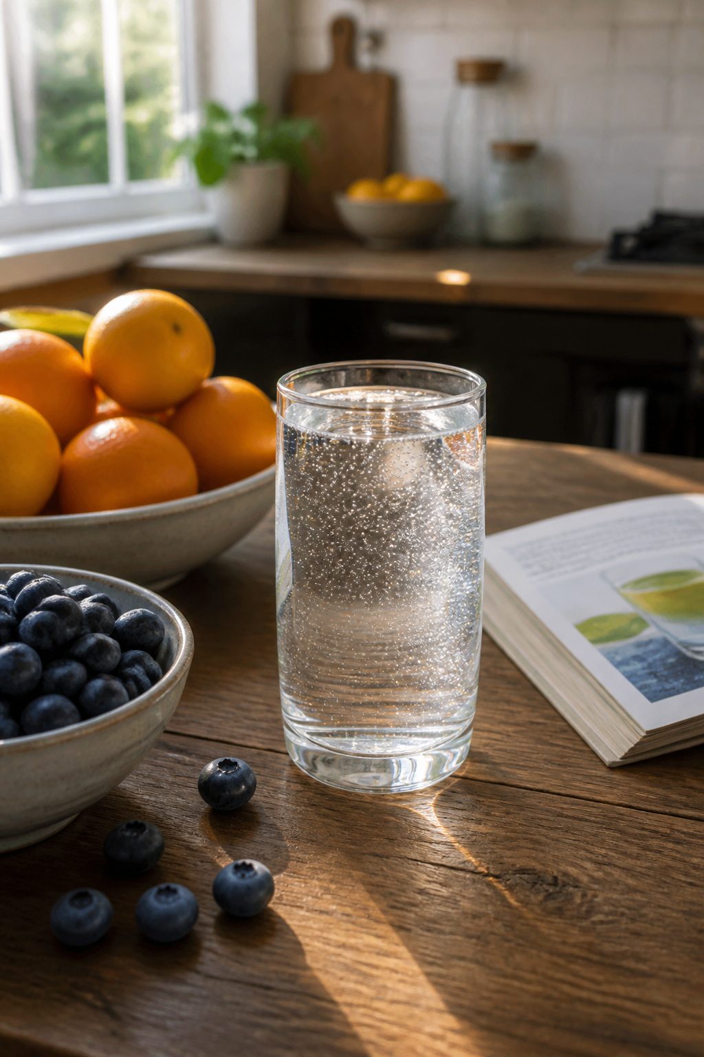 How to Lose Belly Fat: 10 Science-Backed Methods for 2026 1 A glass of sparkling water with blueberries and oranges on a wooden countertop.