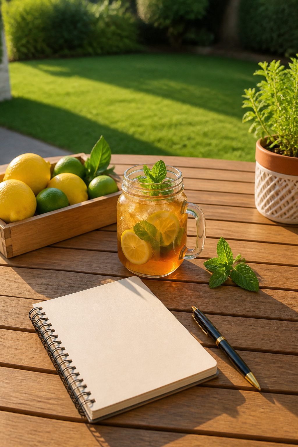 How to Lose Belly Fat: 10 Science-Backed Methods for 2026 6 A jar of iced herbal tea with lemons and limes on a patio table.