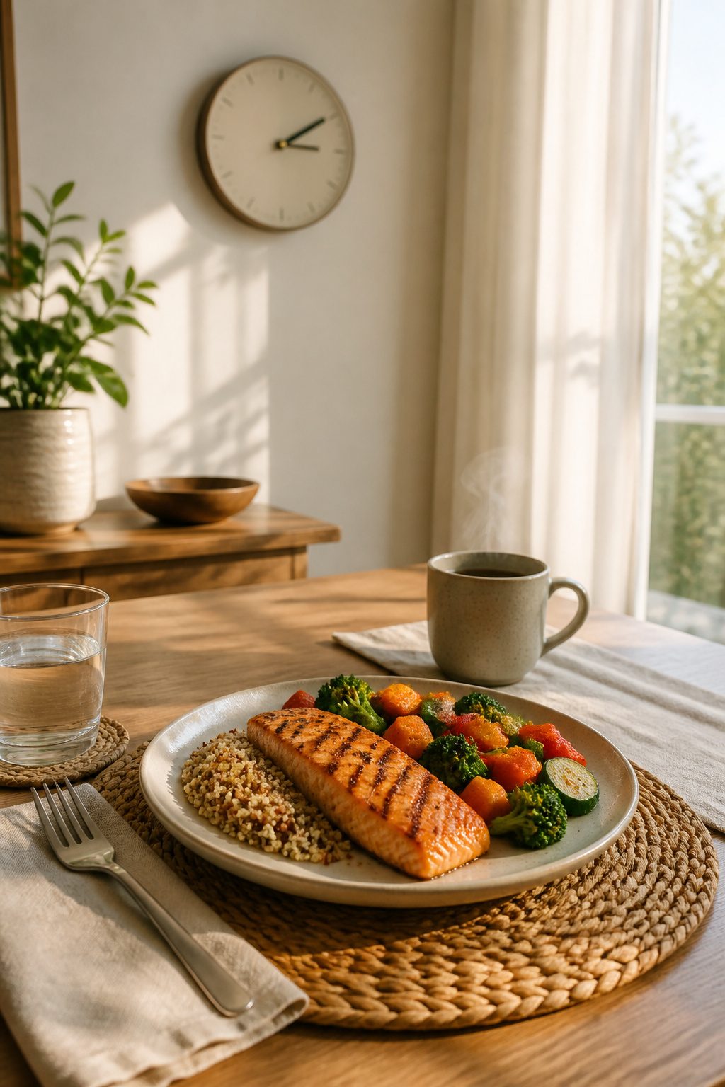 How to Lose Belly Fat: 10 Science-Backed Methods for 2026 9 A table with a plate of grilled salmon, quinoa, and bright vegetables.