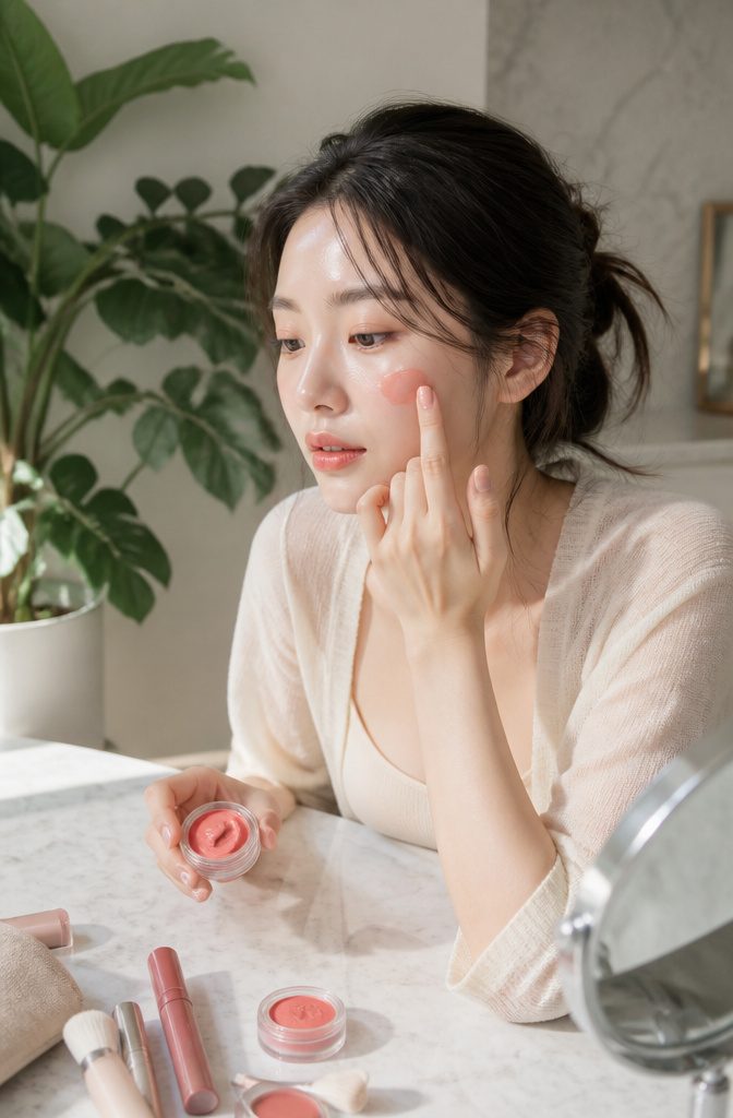 Model with dewy makeup, showcasing a shimmering effect on her skin.