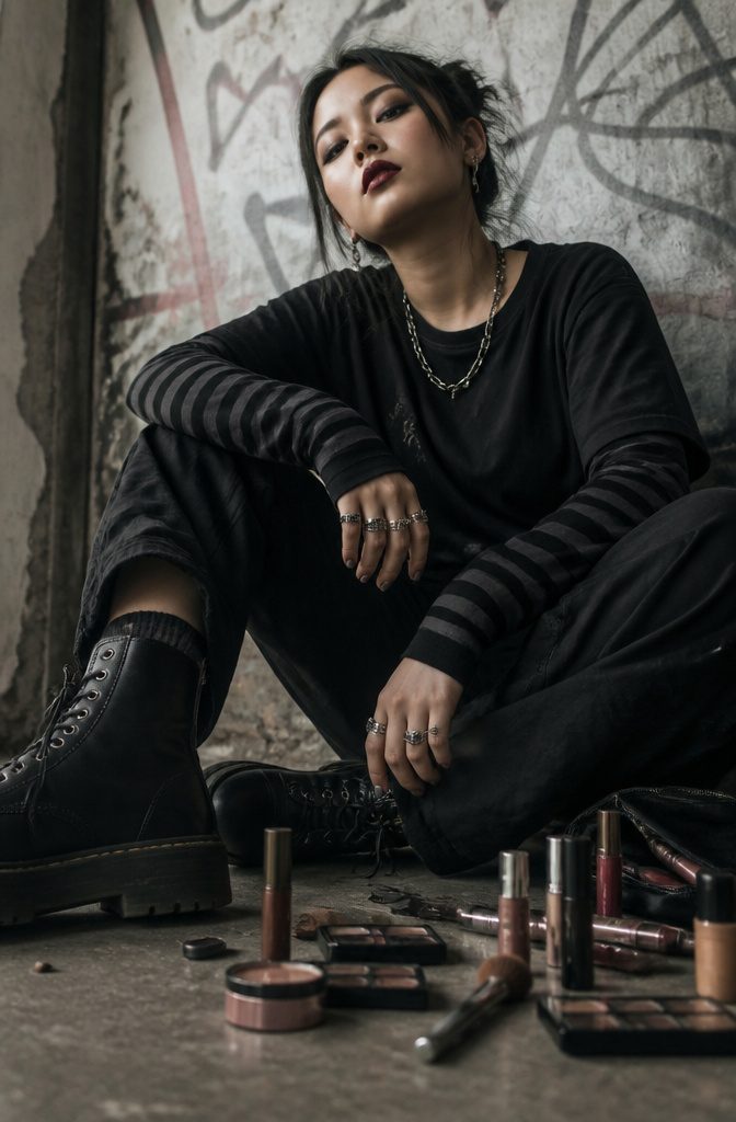Model with grunge makeup featuring dark liner and deep lip color.