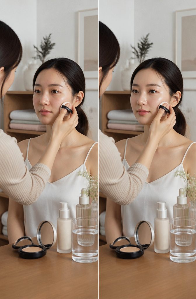 Close-up of a model's face highlighting glass skin makeup.