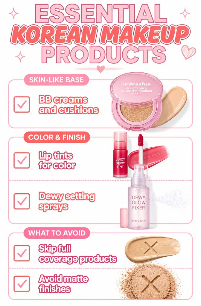 Image of essential Korean makeup products including BB creams and lip tints.