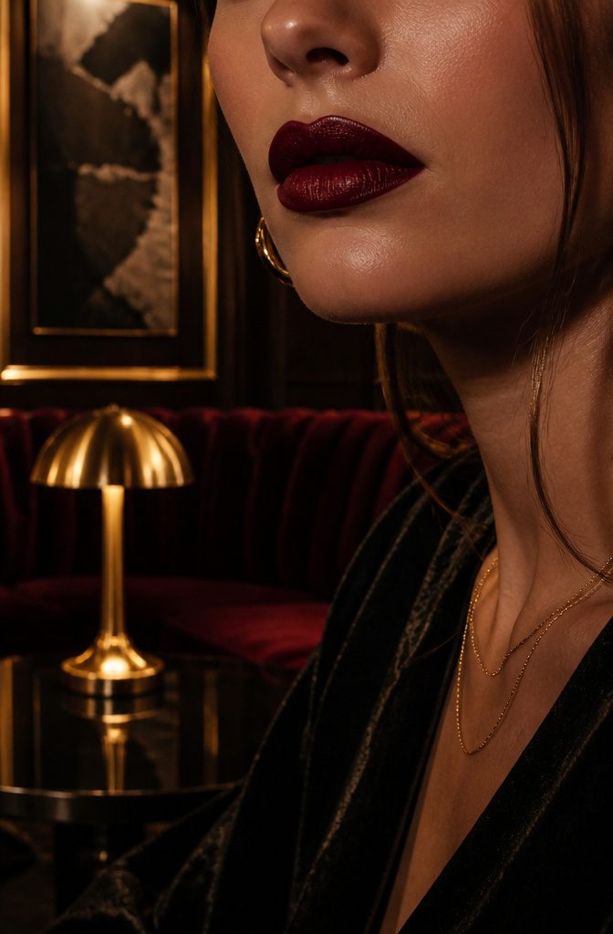 Close-up of model's lips wearing dark berry lipstick.