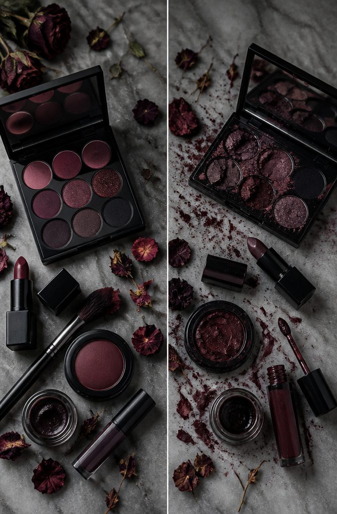 Makeup colors including burgundy, plum, and onyx arranged on a surface.