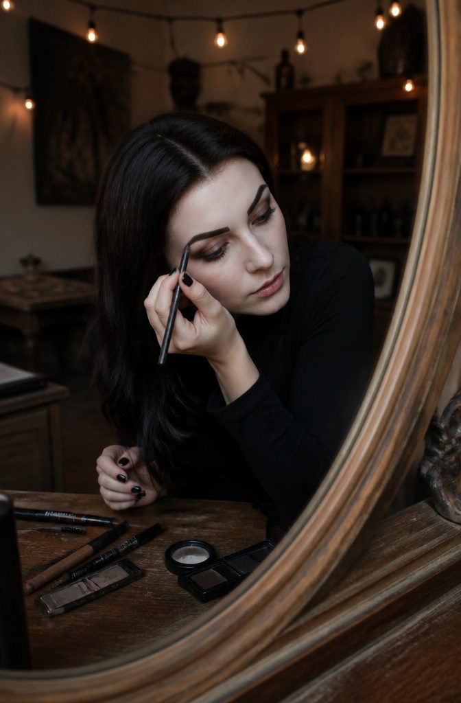Model with sharply defined brows and smoky eye makeup at a wooden vanity.