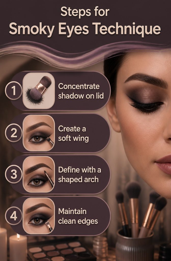 Diagram illustrating steps for creating smoky eyes with a winged effect.