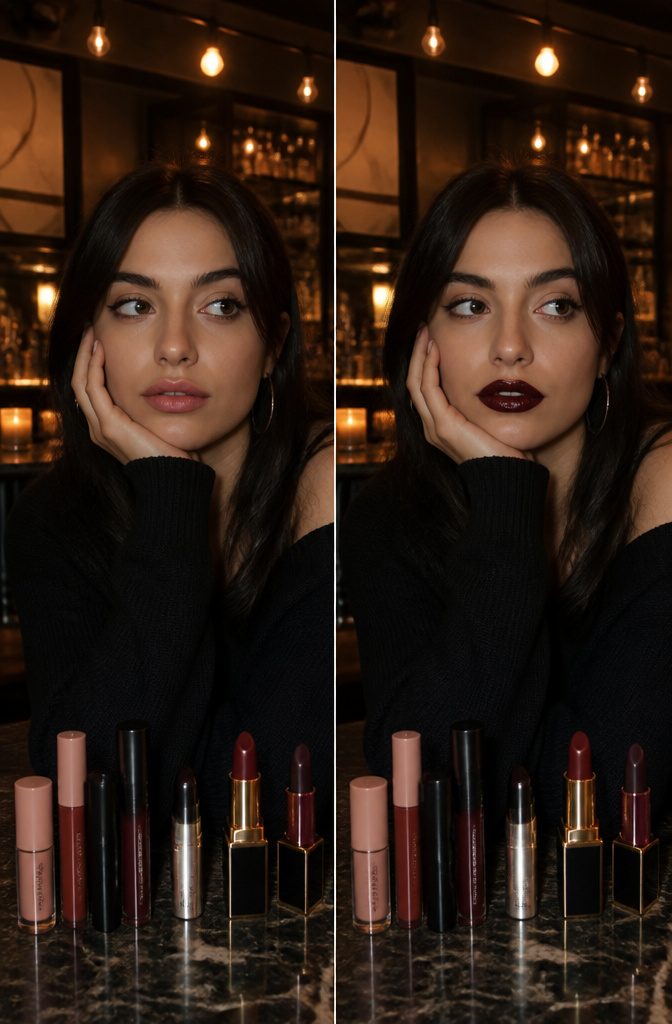 Close-up of dark berry and wine lip colors on a model's lips.