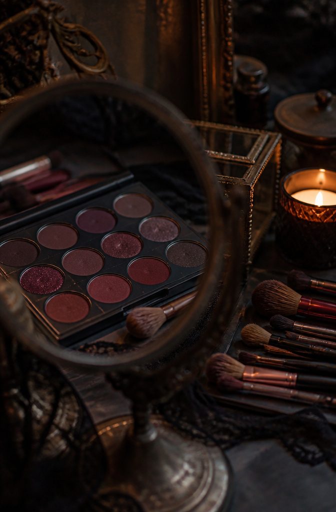 Makeup palette with rich plum, burgundy, and onyx hues on a black surface.