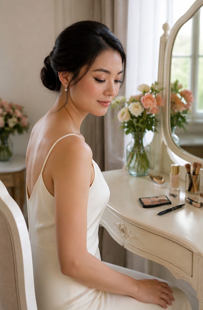 Bridesmaid with minimal cat-eye makeup at a white vanity.