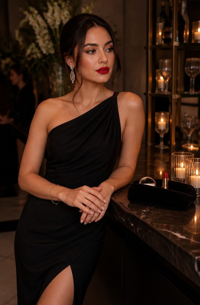 Bridesmaid with a red lip in a wedding setting.