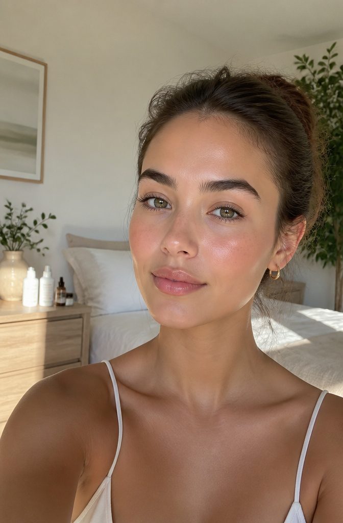 Model with fresh skin and brushed-up brows in a minimalist bedroom.