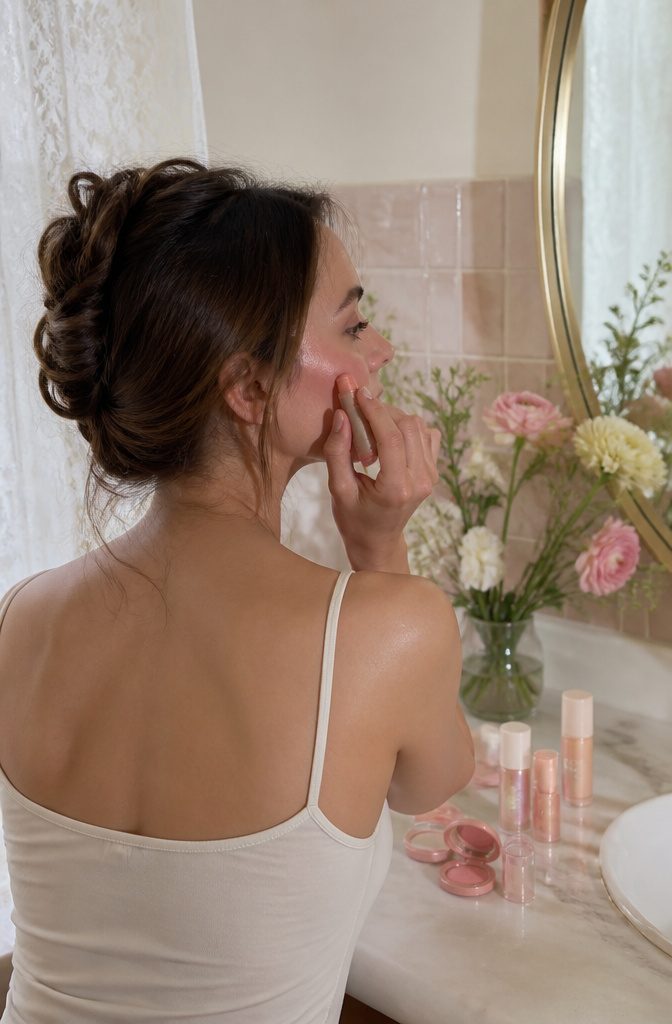 Model with glowy skin and soft blush in a bright bathroom.