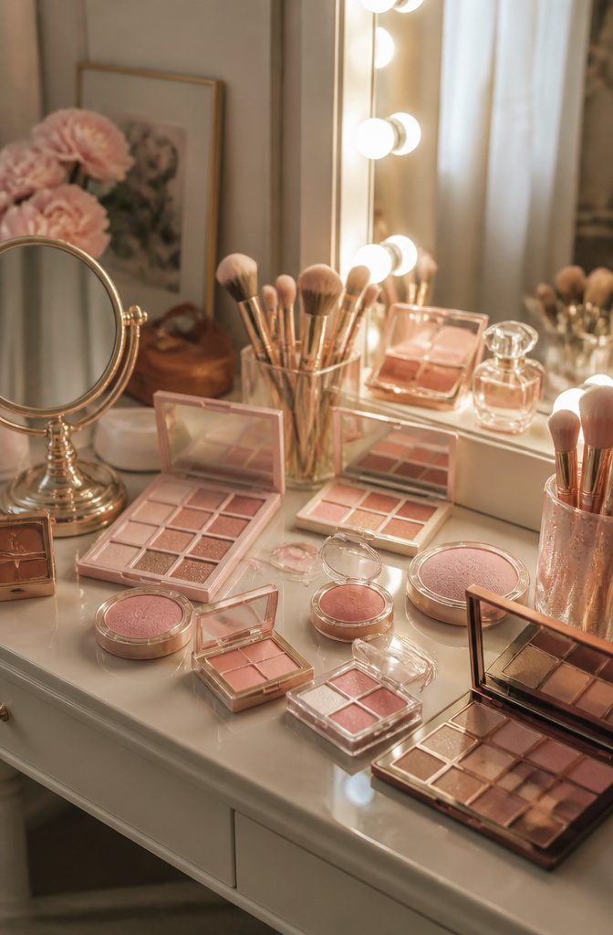 Makeup products displayed with pastel eyeshadows and highlighters on a vanity.