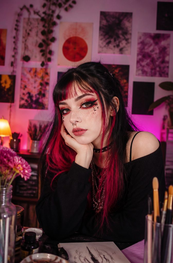Model with colorful hair and dramatic eyeliner in a vibrant room.