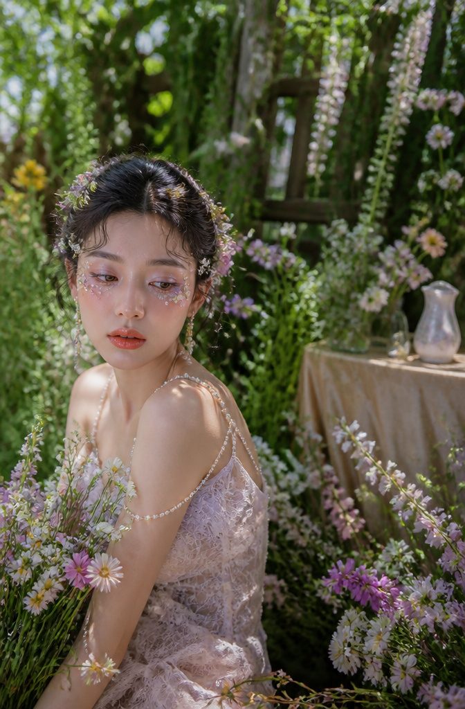 Model with pastel makeup and floral accents in a botanical garden.
