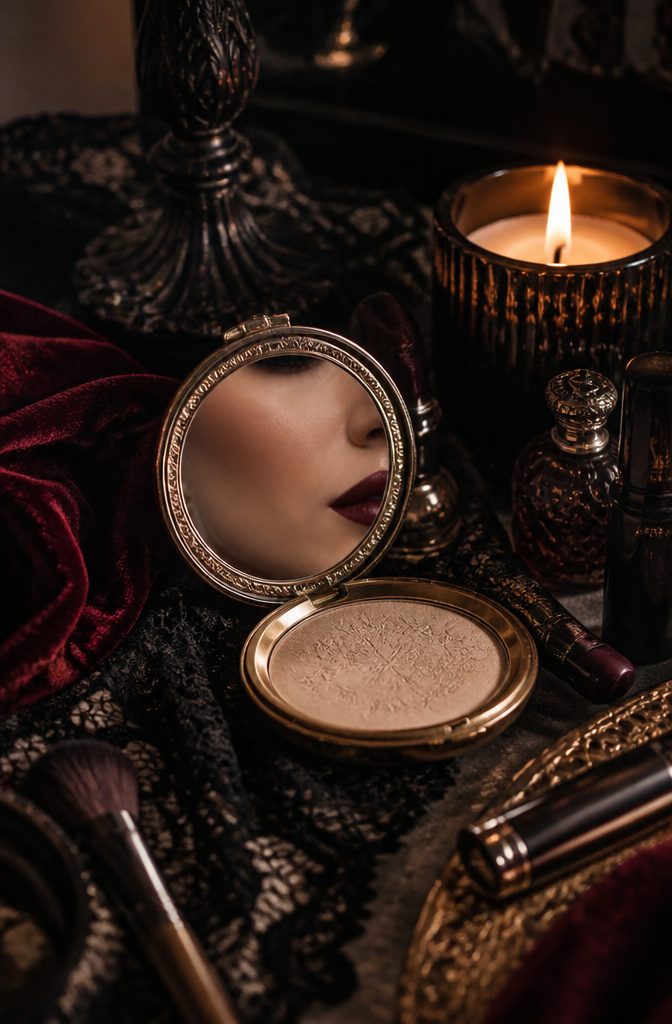 Model with dark makeup and burgundy lips in a softly illuminated setting.