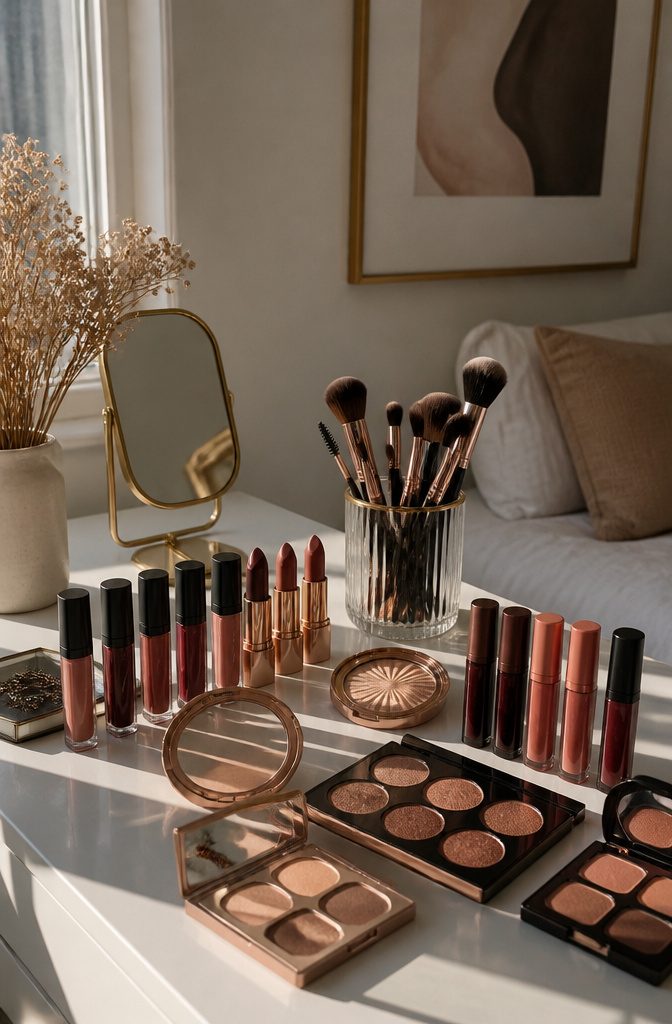 Makeup products arranged on a vanity showcasing the Instagram Baddie look.