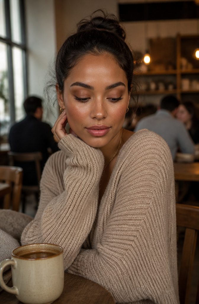 Model with coffee-inspired eyeshadow in a cozy coffee shop.