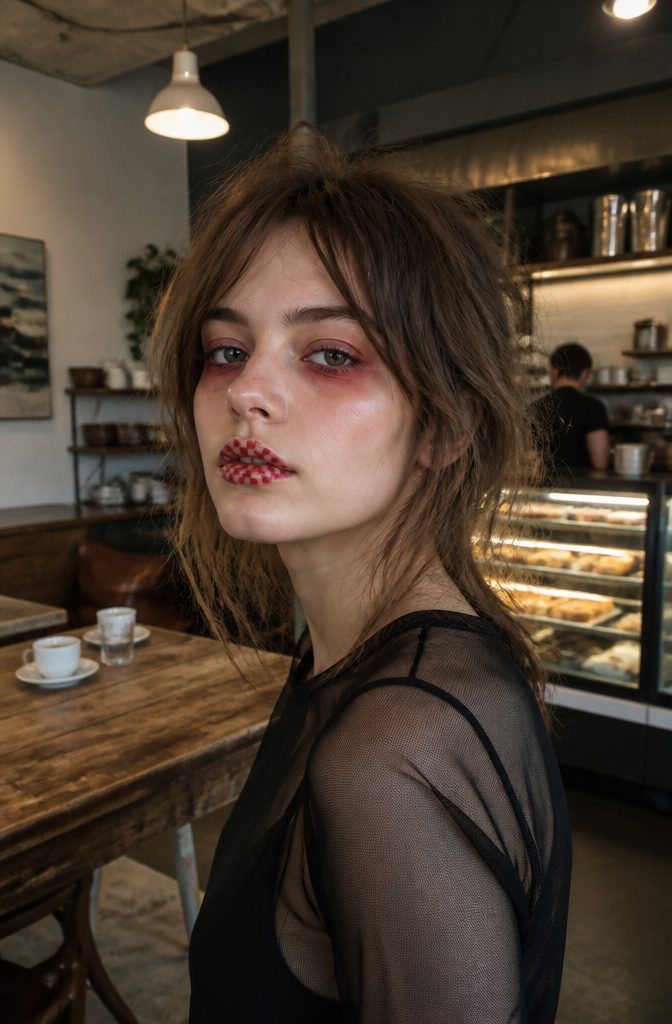 Model with red eyeshadow and checkered lips in an urban café.