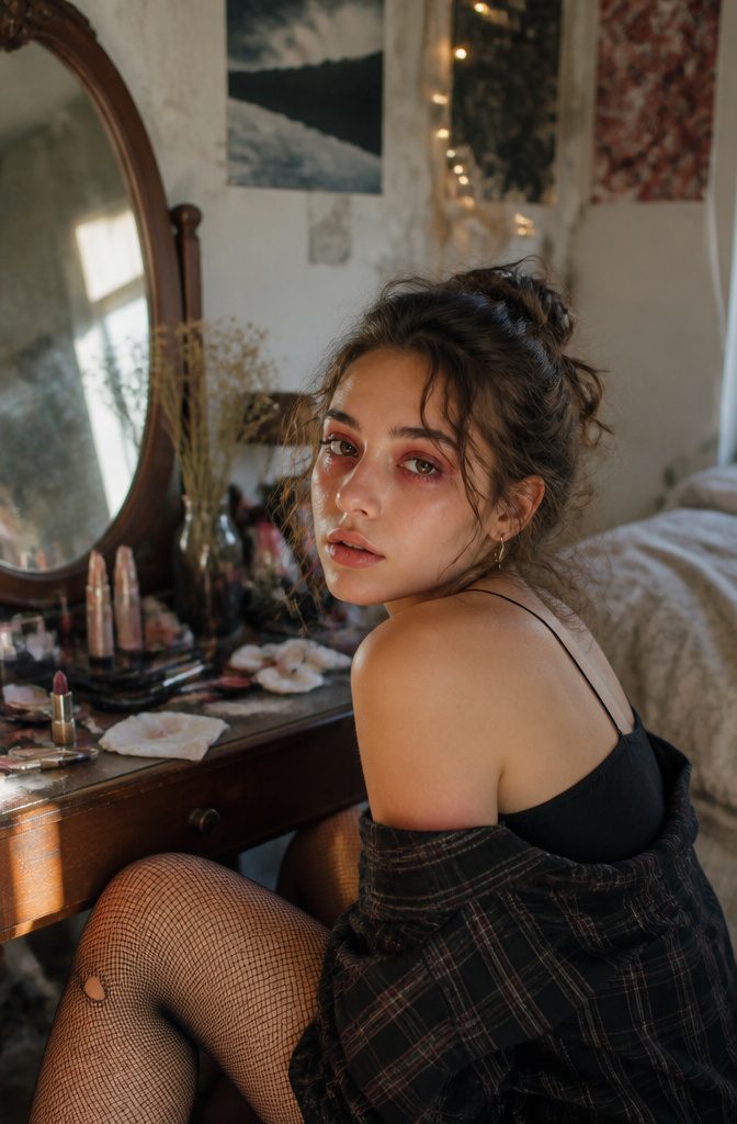 Model with red eyeshadow and glowing skin in an eclectic dressing room.