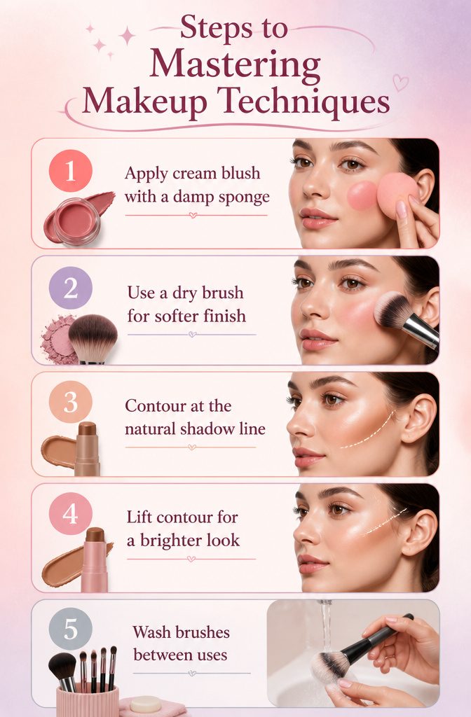 Display of makeup techniques and tools for mastering different styles.