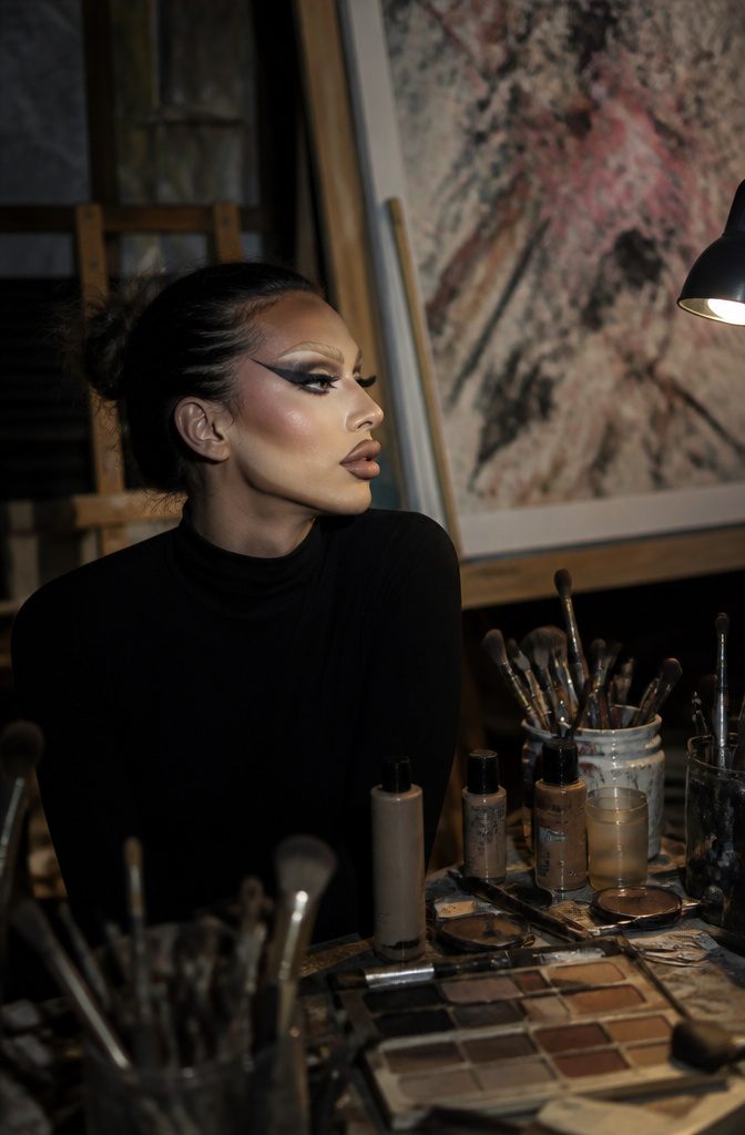 Model with dramatic makeup and reimagined facial features in a creative studio.
