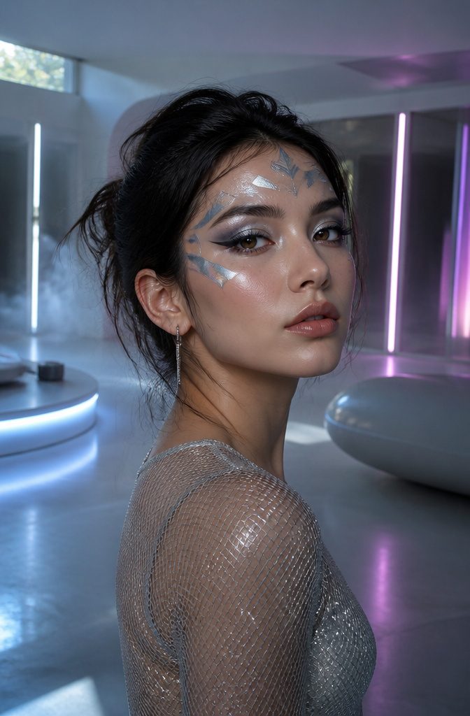 Model with futuristic makeup and geometric shapes in a modern setting.