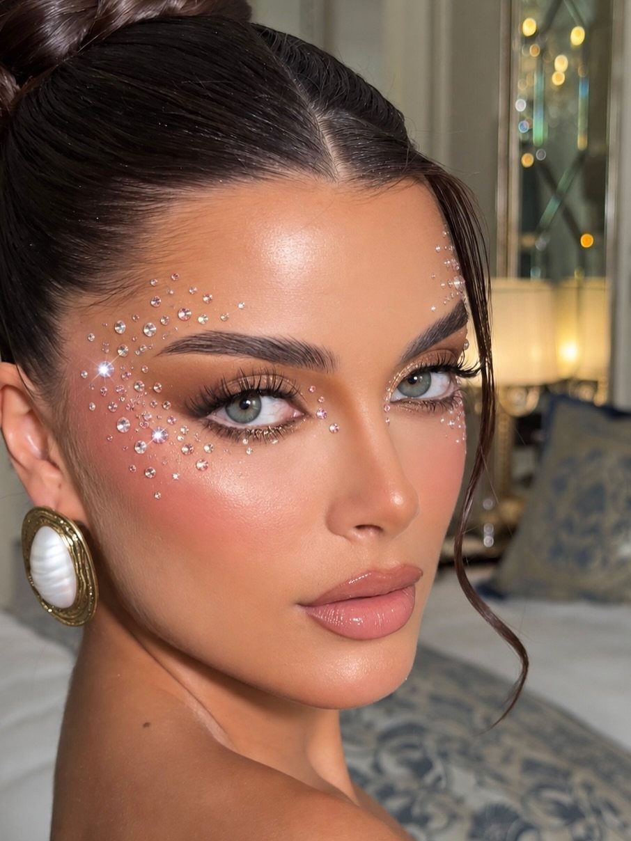 Woman with glamorous birthday makeup featuring sparkling rhinestones around her eyes and temples.