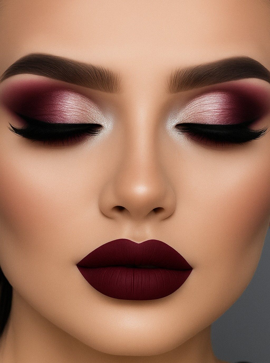 Woman with deep burgundy matte lips and shimmering pink eyeshadow makeup look.