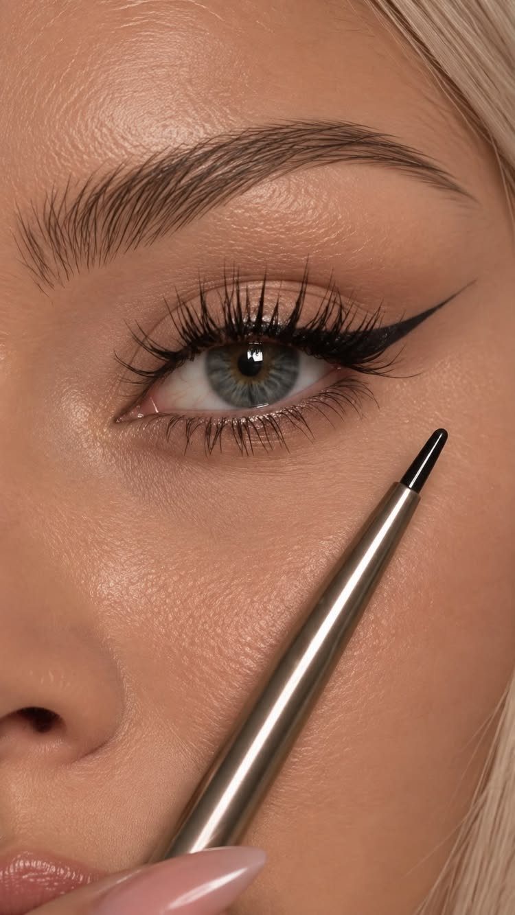 Close-up of a woman's eye with winged eyeliner and a makeup pencil.