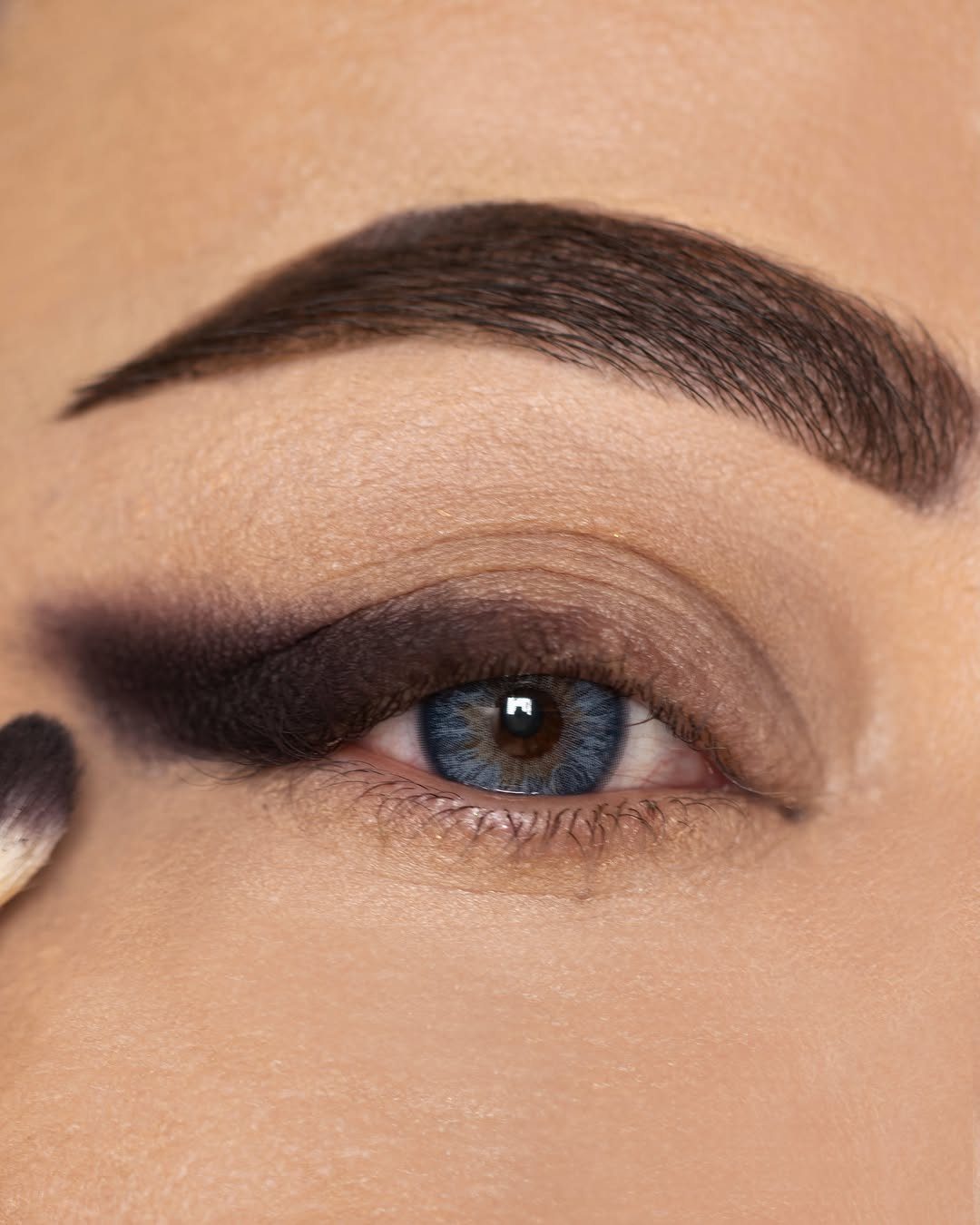 Close-up of a blue eye with dark smoky eyeshadow and groomed eyebrow.