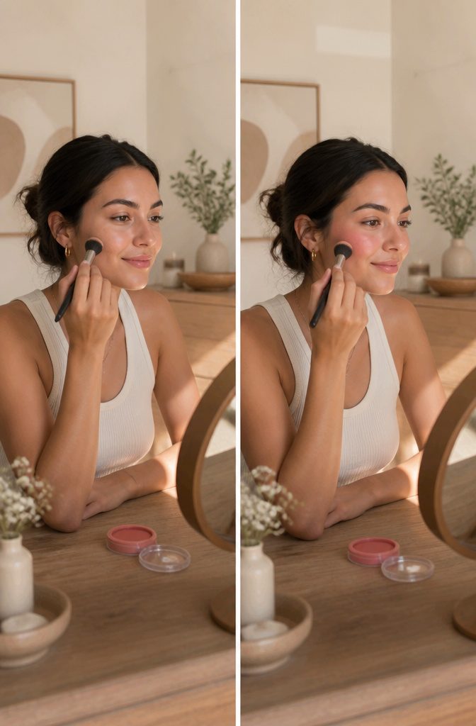 A model applying cream blush to her cheeks with a dense brush.