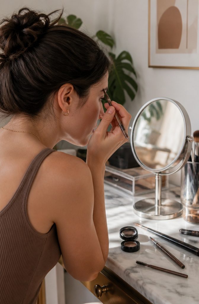 A model applying brow pencil to sparse areas of her brows.