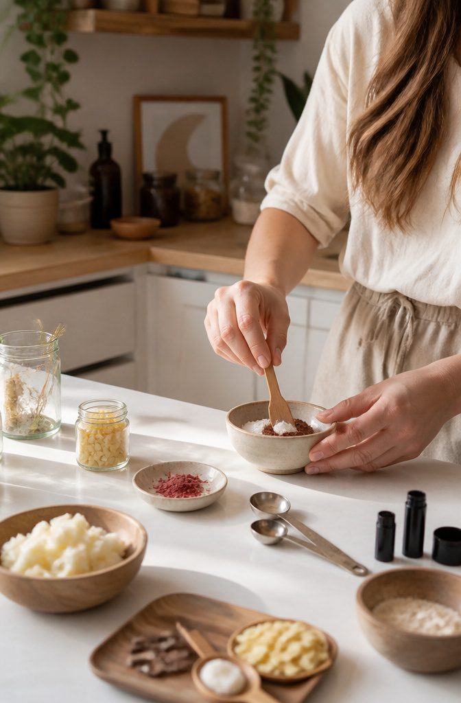 A model mixing ingredients for homemade tinted lip balm.