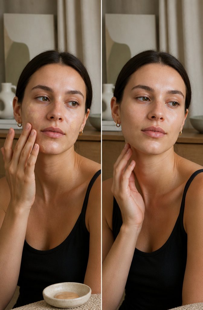 A model applying foundation with upward strokes on her face.