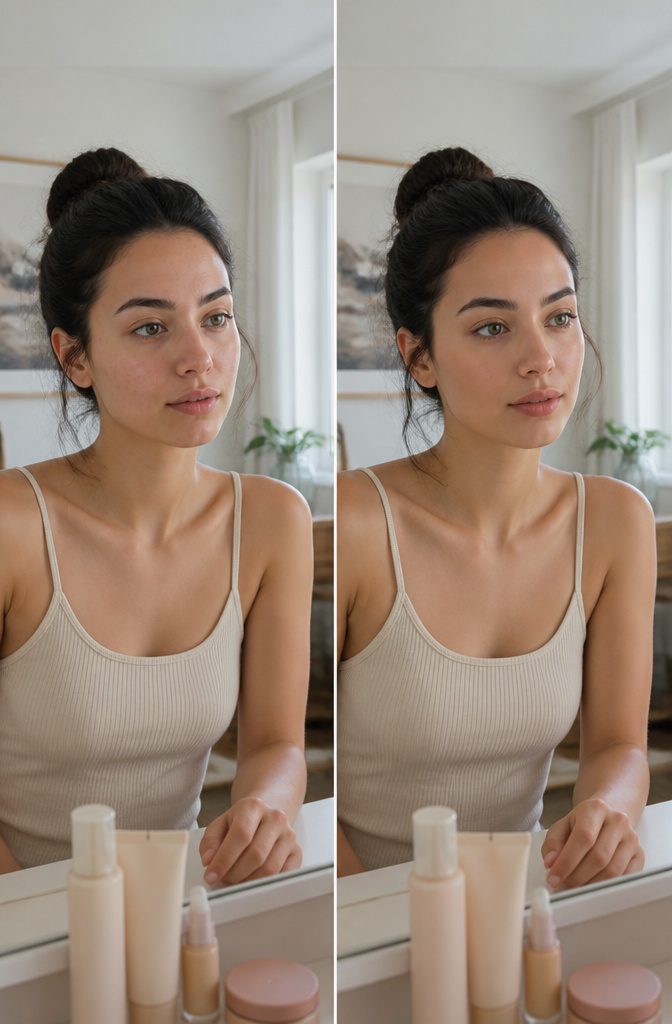 A visual comparison of natural makeup and no-makeup makeup styles.