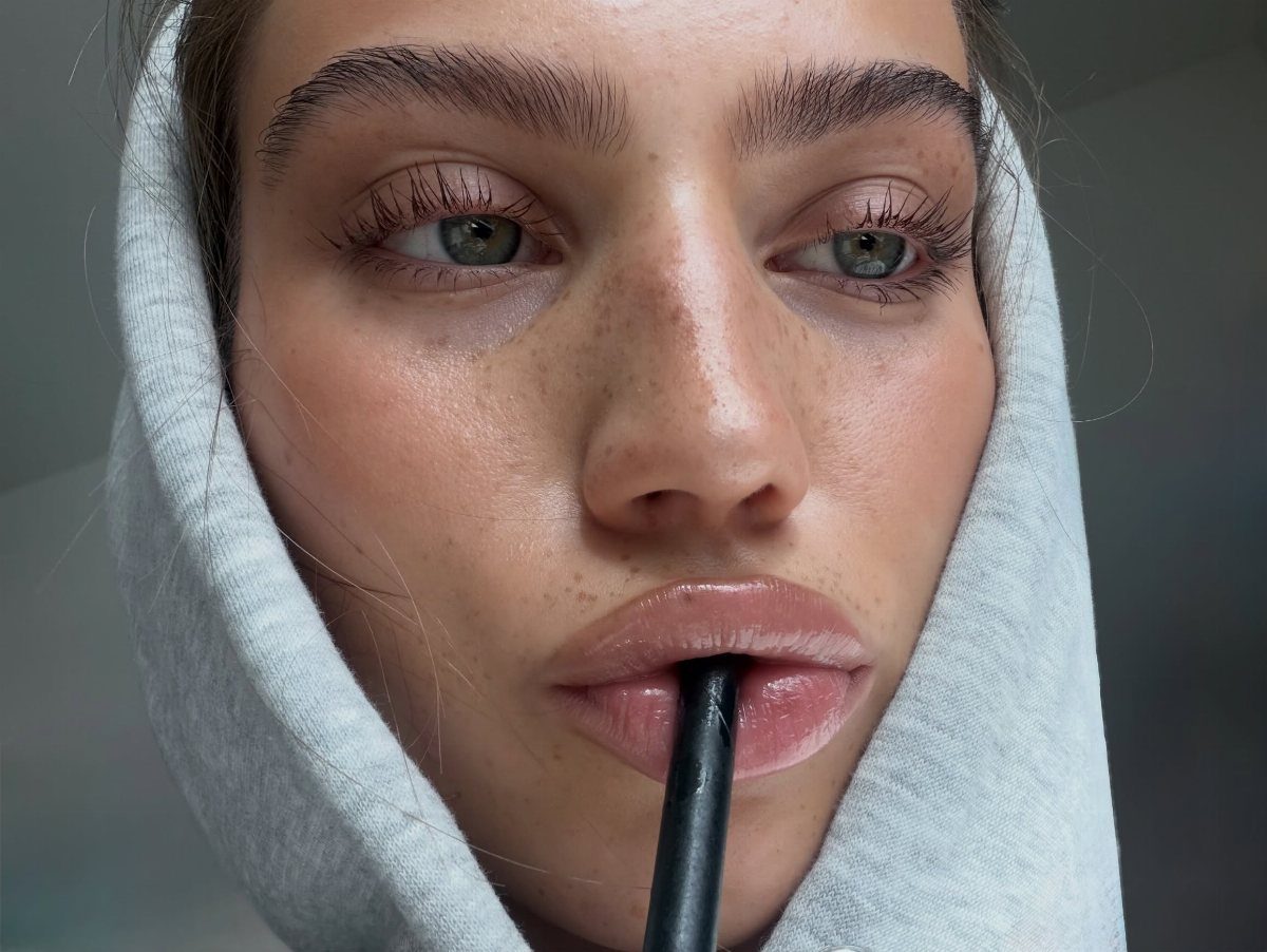 Woman with freckles and glossy lips holding a black straw in her mouth