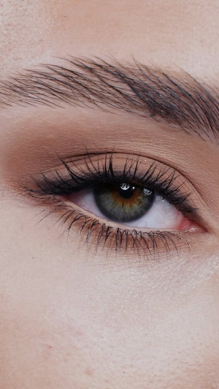 Close-up of a hazel eye with long dark lashes and groomed eyebrows.