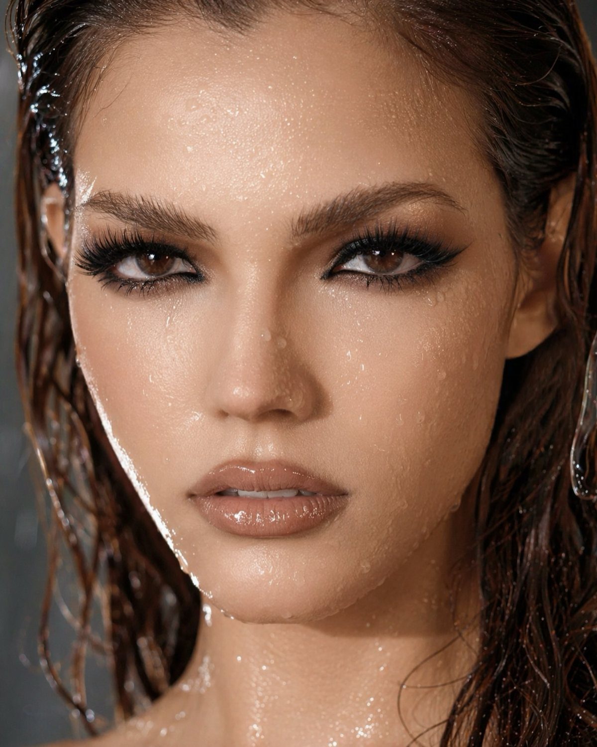 Woman with wet skin and hair wearing dark waterproof eye makeup and glossy lips.