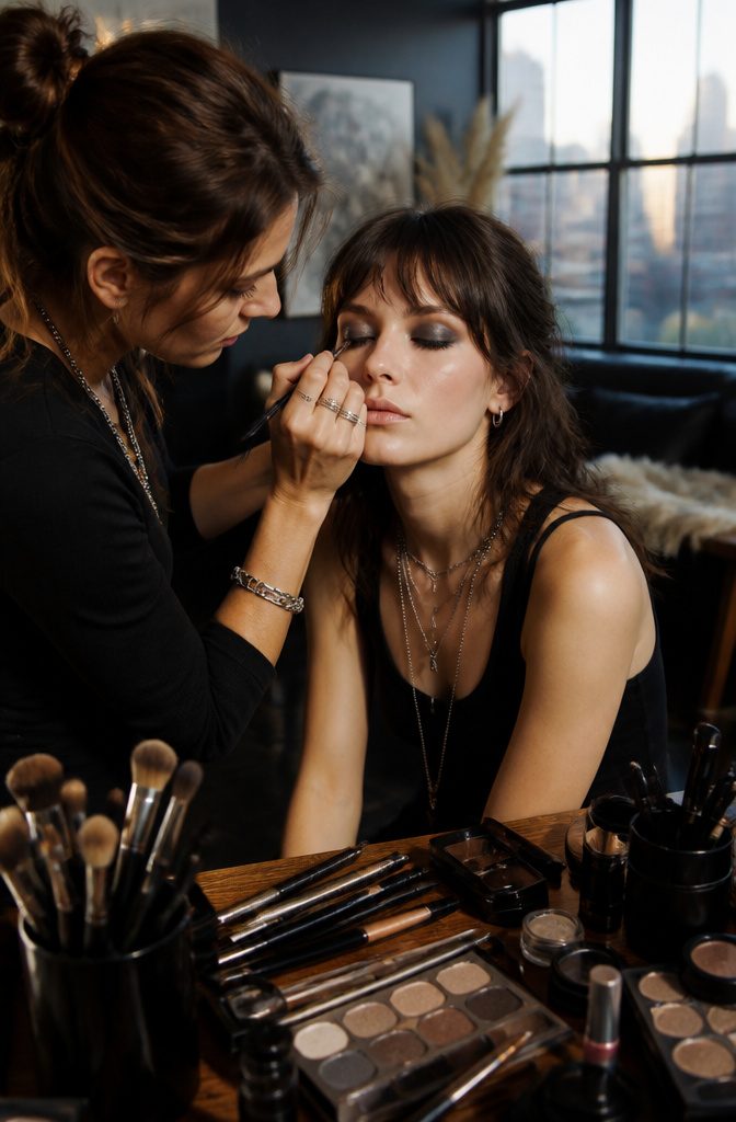 Makeup artist applying gray eyeshadow on model's eyelids.