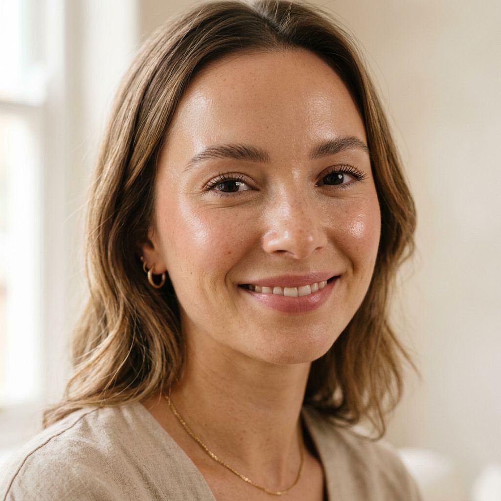 Woman with brown eyes wearing natural makeup and a beige linen top.