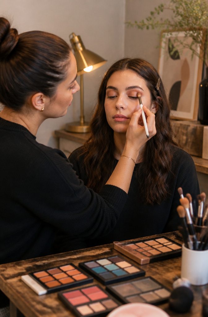Makeup artist using a fluffy brush on a model's eye crease.