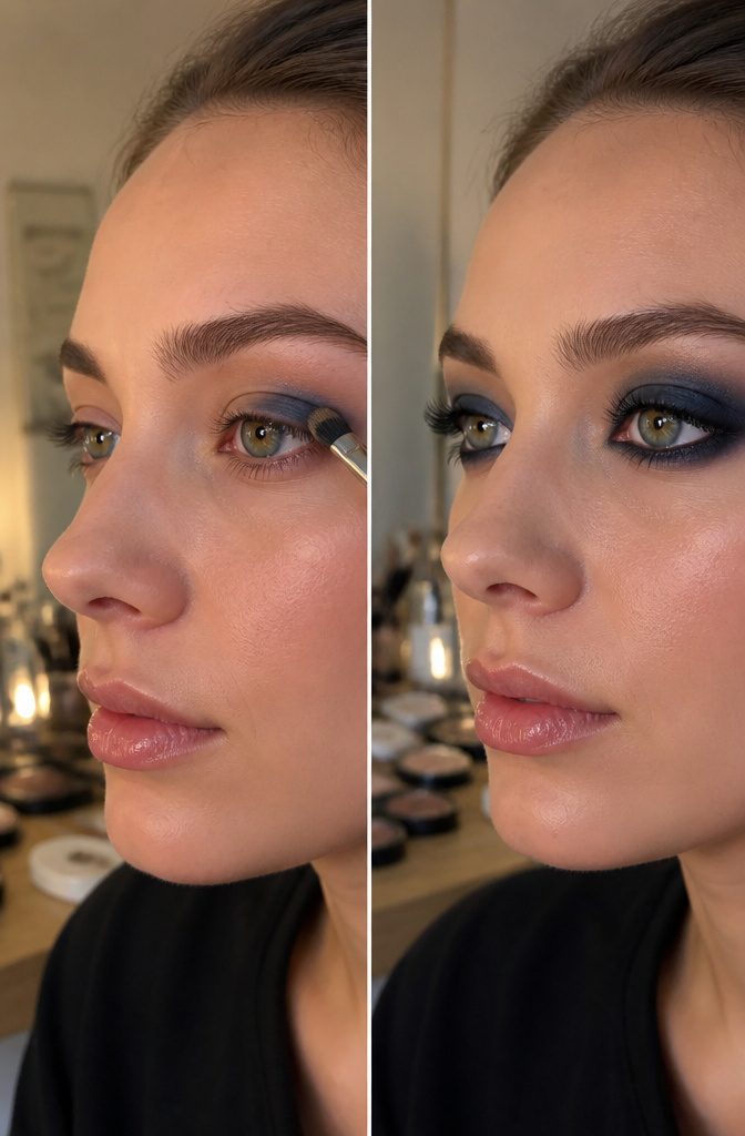 Makeup artist applying dark eyeshadow to the outer corner of an eye.